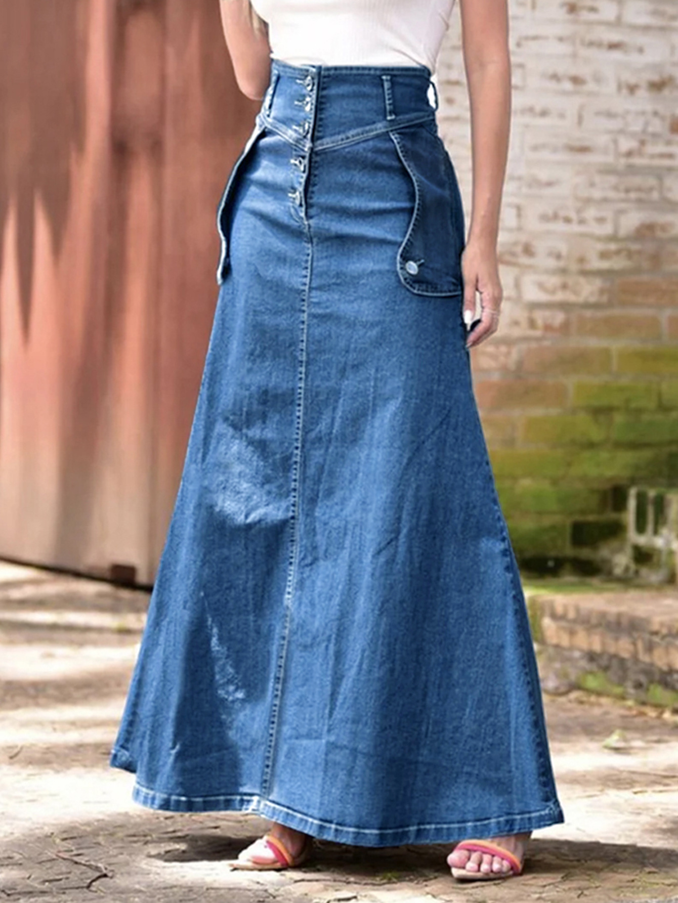 2025 New Pocket Mid-length Skirt Women's Summer High Waist A- line Skirt Slimming Pleated Large Swing Umbrella Skirt
