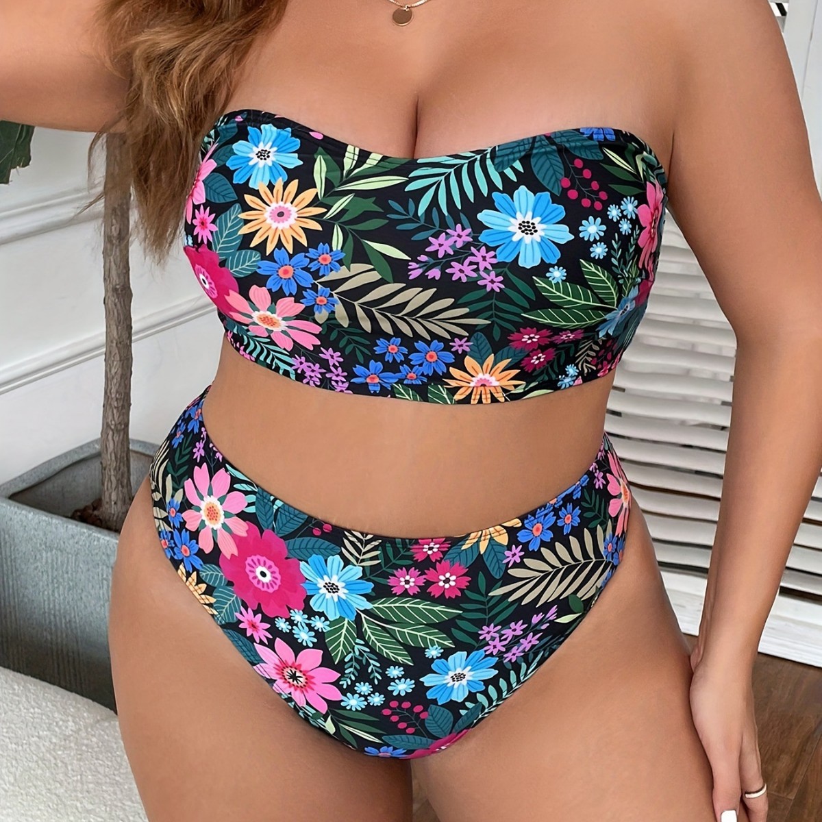 2024 Cross-border Triangle Split Swimsuit Strapless plus size Fat Woman European and American Printed Foreign Trade High Waist Push-up Swimsuit