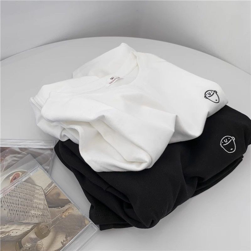 Double-Sided Velvet Warm Long-Sleeved T-Shirt Women's Embroidered Round Neck Korean-Style All-Match Loose Slimming Ins Thickened Foreign-Style Inner Shirt