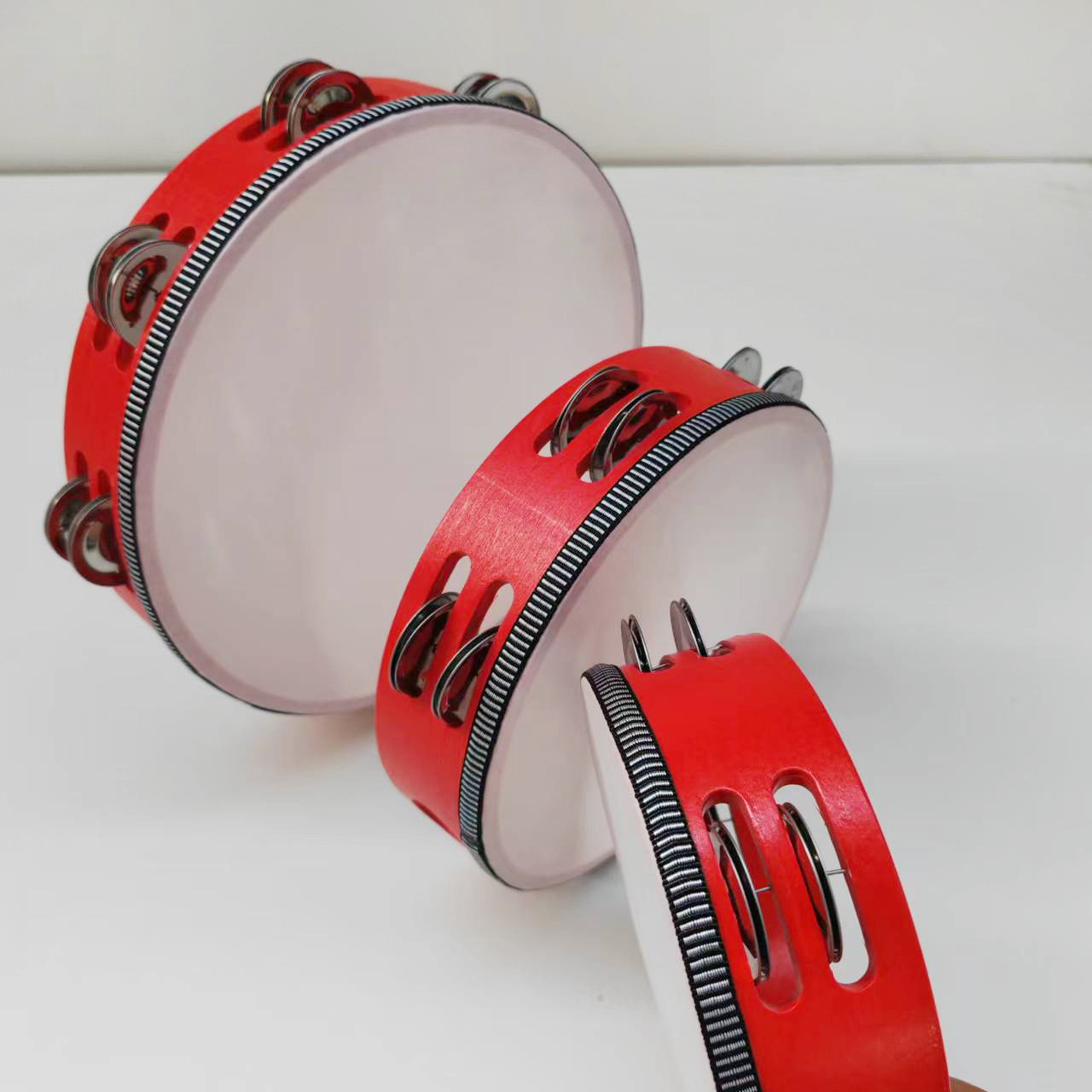 Picture of Wooden Double Row Tambourine Kidsren's Tambourine Percussion Instrument Imitation Goatskin Hand Drum Rattle Orff Musical Instrument Teaching Aids