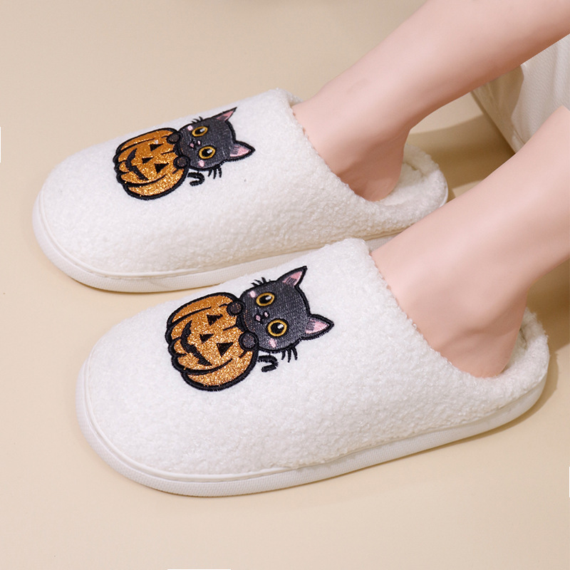 Cross-Border New Autumn and Winter Cotton Slippers for Home Comfort Cartoon Pumpkin Cat Embroidery Couple Style Thick Sole Indoor Warmth