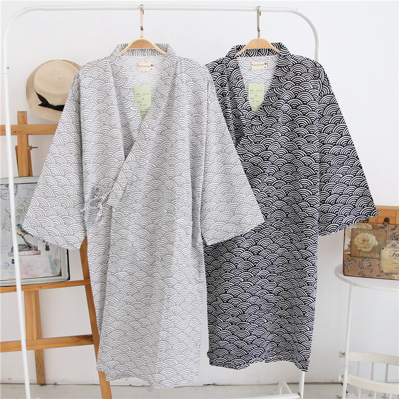 New Men's Pure Cotton Gauze Single-Piece Mid-Length Robe Qinghai Wave Nightgown Loose Thin Bathrobe Home Work Pajamas