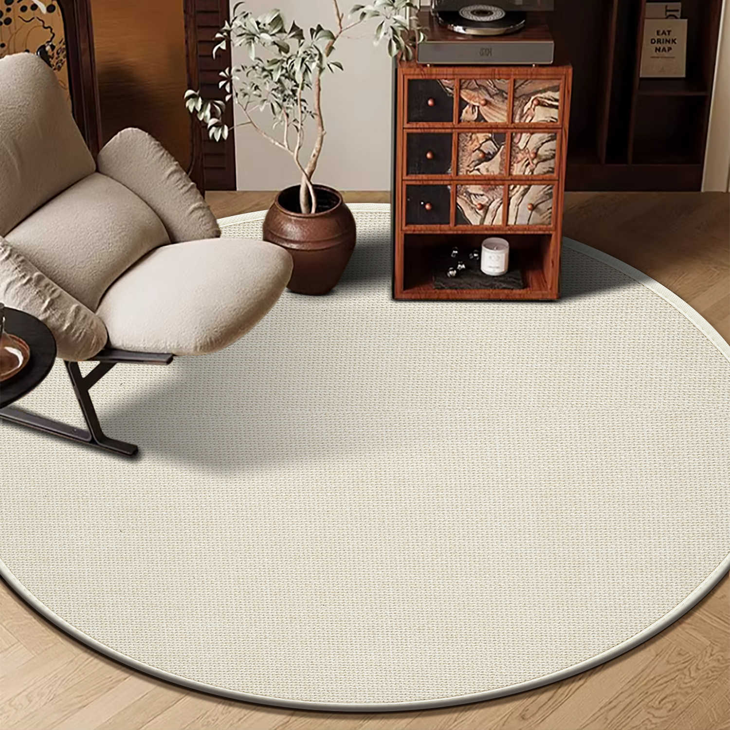 Picture of High-grade linen round living room carpet non-slip dirt-resistant dust removal mat woven pattern solid color bedroom study chair cushion