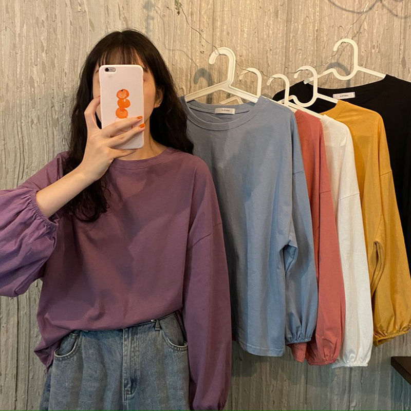 2025 New Autumn Korean Style Loose Ins College Style Lantern Sleeve Thin Long Sleeve T-shirt Women's Fashion Student Top