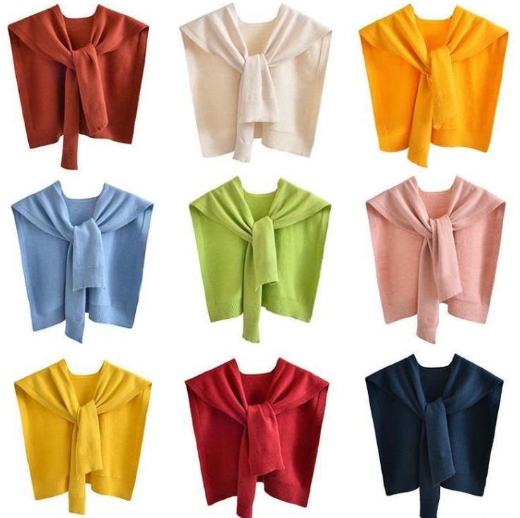 Core-spun Yarn Knitted Shawl Women's Spring and Autumn Outer Waistcoat Solid Color Shoulder Thin Cardigan Summer Knot False Collar Scarf