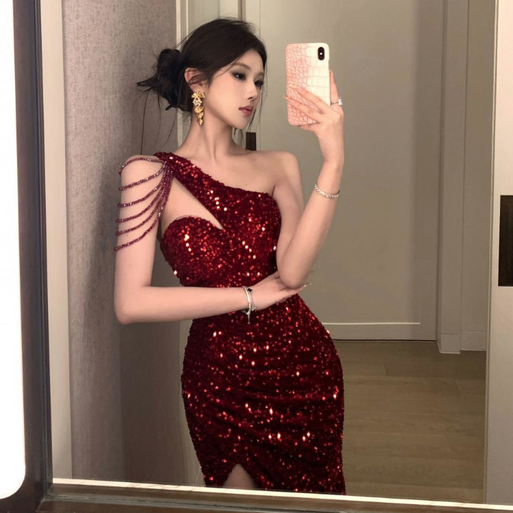 Sexy High-end Style Beaded Sequins Evening Dress dress 2025 Summer New Style Celebrity Elegant Split One-step Dress
