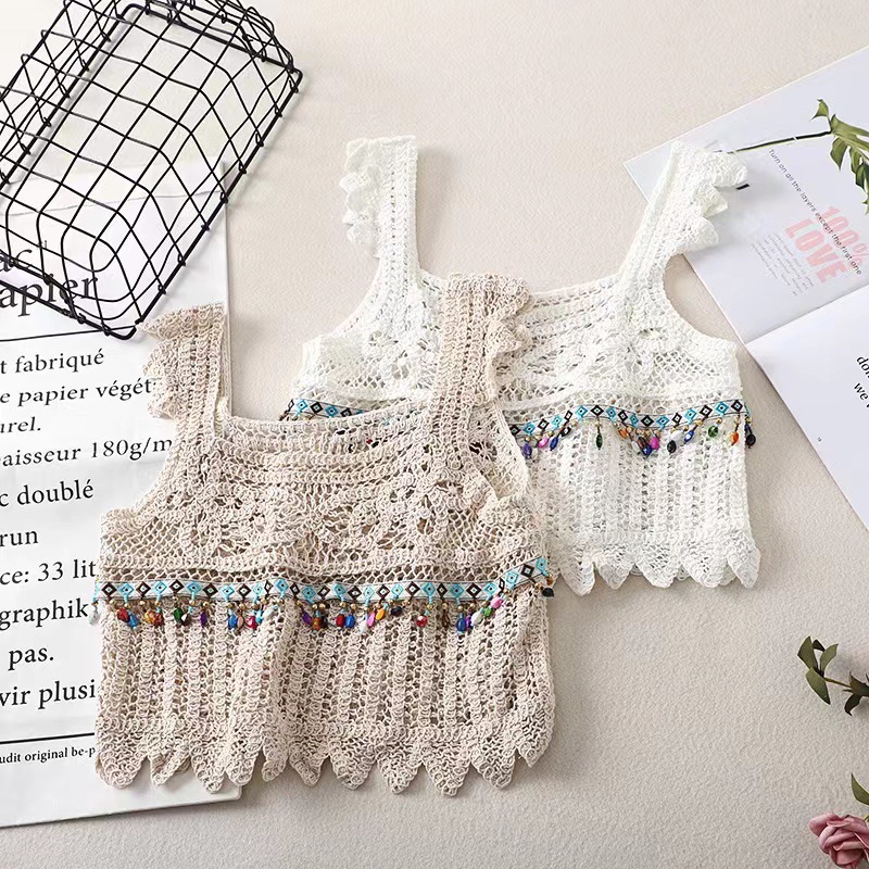 Travel Camisole Fine Wool Knitted Outer Wear Ethnic Style Hollow Crochet Short Blouse Sleeveless Top