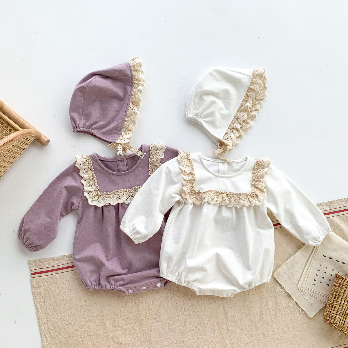 Picture of 2025 Spring Korean Style Baby Jumpsuit for Baby Girl Long-Sleeved Lace Collar Romper Bag Fart Clothing with Hat