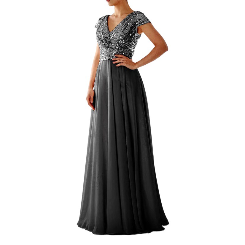 2025 Cross-Border New Spring and Summer European and American Clothing Sleeveless Dress V Neck Sequined Elegant Chiffon Splicing Evening Dress