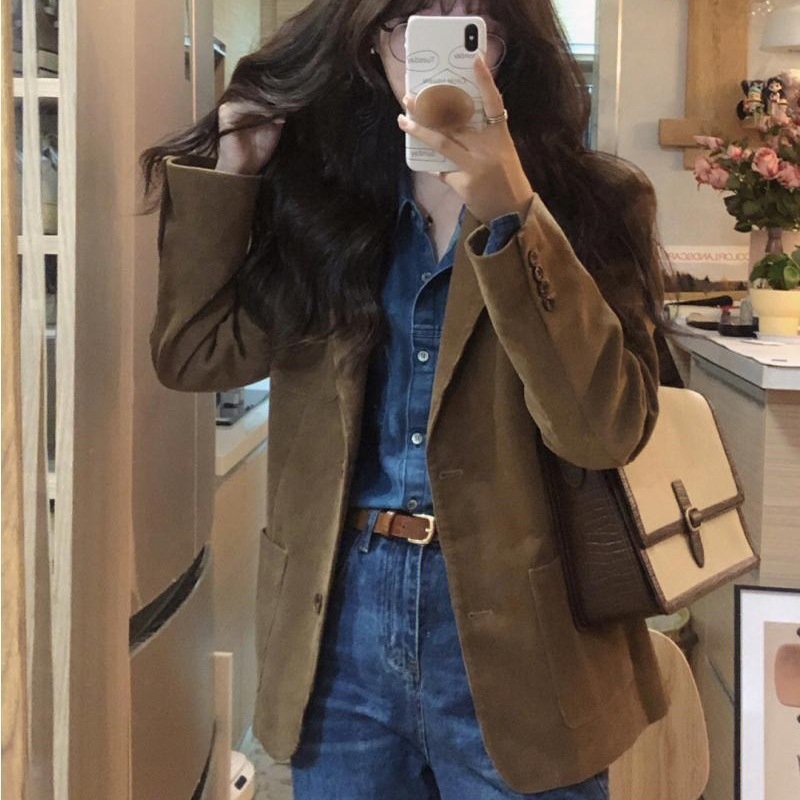 Corduroy jacket, small suit, female small man, new spring and autumn fashion, high-end temperament, elegant camel color