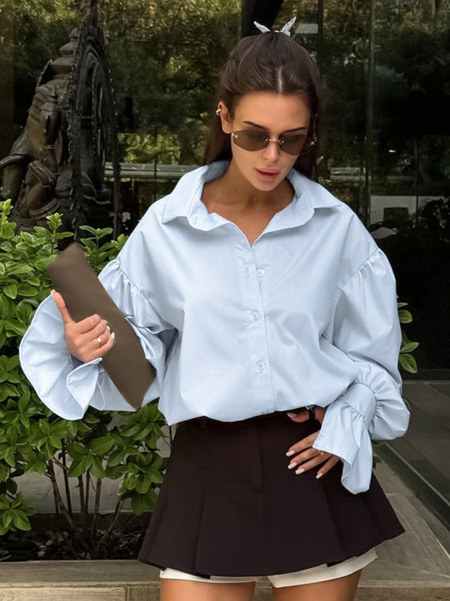 French Cotton Long-Sleeved Shirt 2025 Autum New Commuter Inner Blue Lapel Top Fashionable Professional Women's Clothing