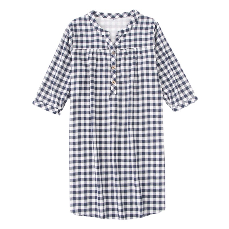 Nightgown Women's Summer New Mid-length Simple Plaid Japanese Style Fresh Nightgown Comfortable Breathable Home Clothes