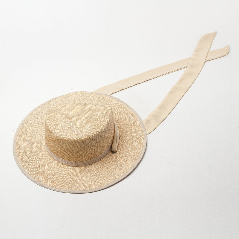 Picture of Korean Style Spring and Summer New Flat Top Straw Hat with Strap Baocao Outdoor Travel Sun Protection Beach Flat Top Straw Hat