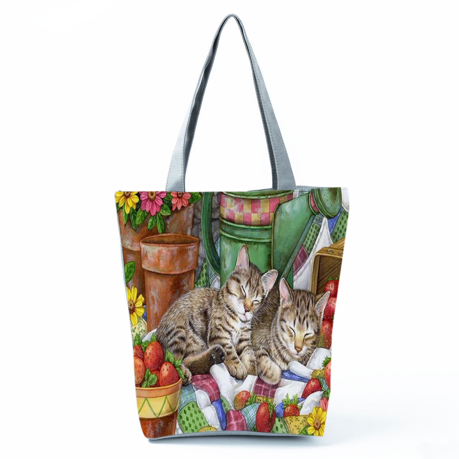 Picture of New cute flower cat printed shoulder bag portable travel storage bag large capacity outdoor tote bag