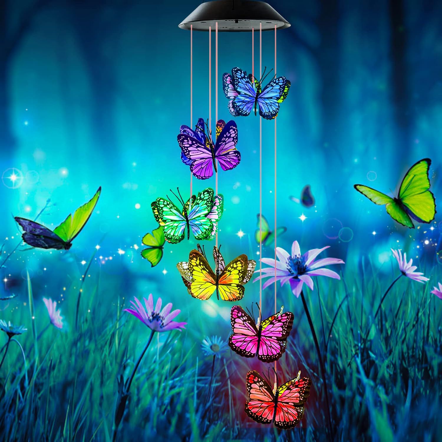 Cross-border new LED colorful butterfly hanging lamp outdoor waterproof garden wind chime lamp Villa courtyard butterfly chandelier