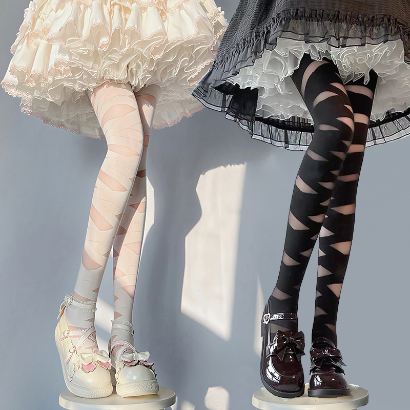 Japanese Cross Strap lolita Silk Stockings Women's Black and White Base lolita Pantyhose jk White Silk Thin Black Silk