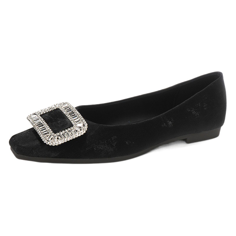 Black Flats Shoes for Women Spring 2025 New Style with Skirt Shallow Mouth Versatile Square Diamond Scoop Shoes Large Size Women's Shoes 41 to 43
