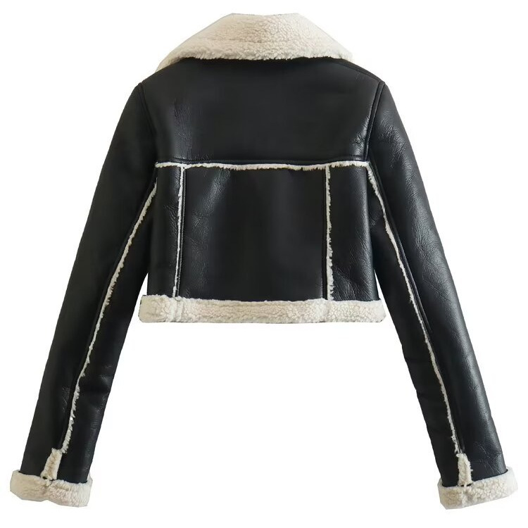 Picture of 2024 autumn and winter new European and American style double-sided loose short PU leather jacket zipper decoration fur one-piece leather jacket