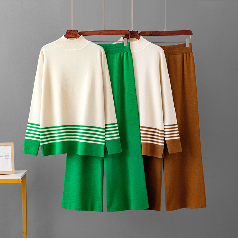 Cross-border autumn and winter knitted wide-leg pants sweater suit pullover elastic contrast color casual loose two-piece foreign trade women's clothing