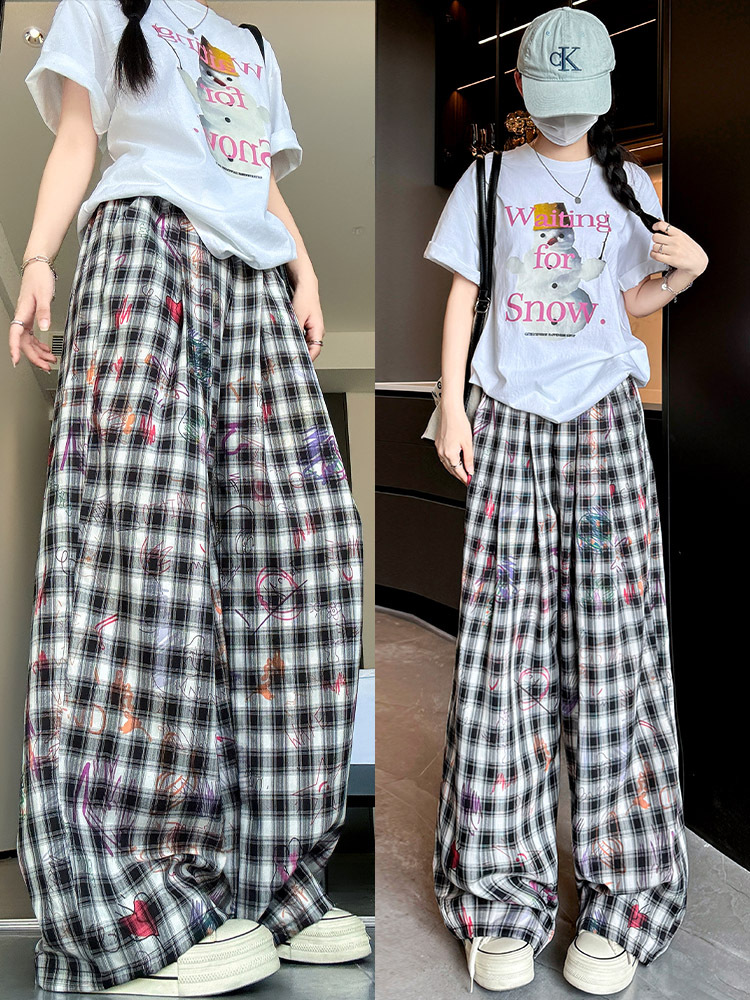 American Retro Graffiti Plaid Pants for Women 2024 Summer New High-waisted Casual Straight-leg Printed Drapedy Floor-length Wide-leg Pants