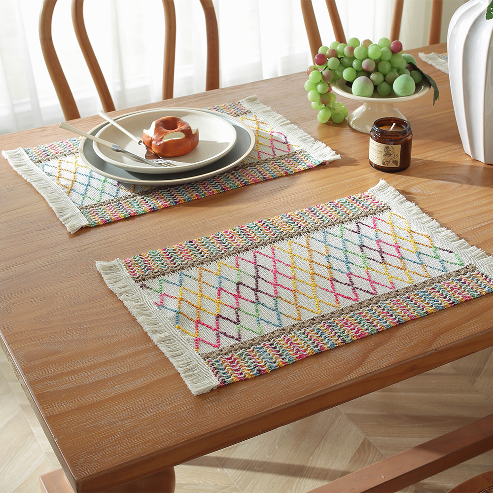 Picture of Amazon new cotton and hemp rope placemat holiday placemat woven color matching striped tassel bowl mat spot wholesale