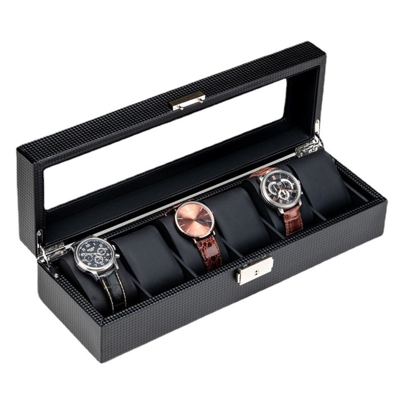 Carbon Fiber Pattern Leather Watch Box Glass Skylight Wrist Watch Mechanical Watch Bracelet Jewelry with Lock Storage Display Box