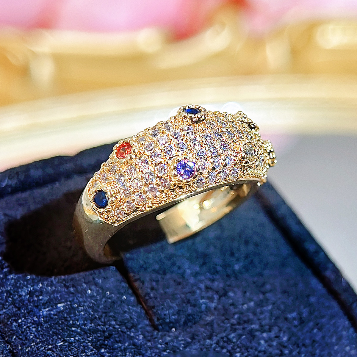 Middle Eastern Royal Court Dopamine Copper Inlaid Zirconia Open Ring for Women Versatile Full Row Colorful Diamond Ring Jewelry Live Supply