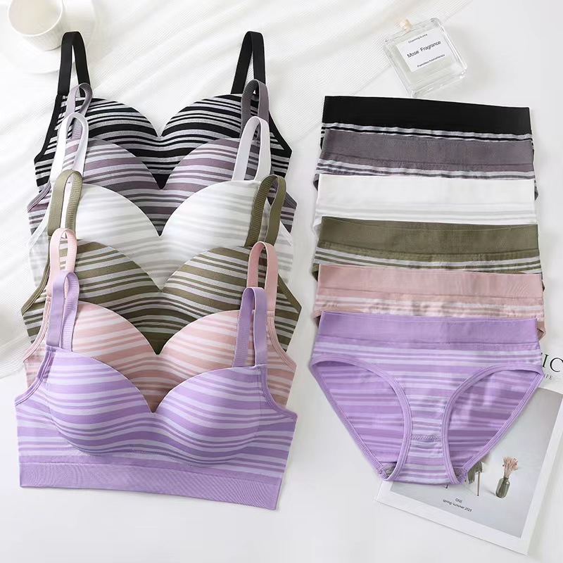 New French striped sexy back suit bra briefs comfortable wireless back breasted chest wrap for women