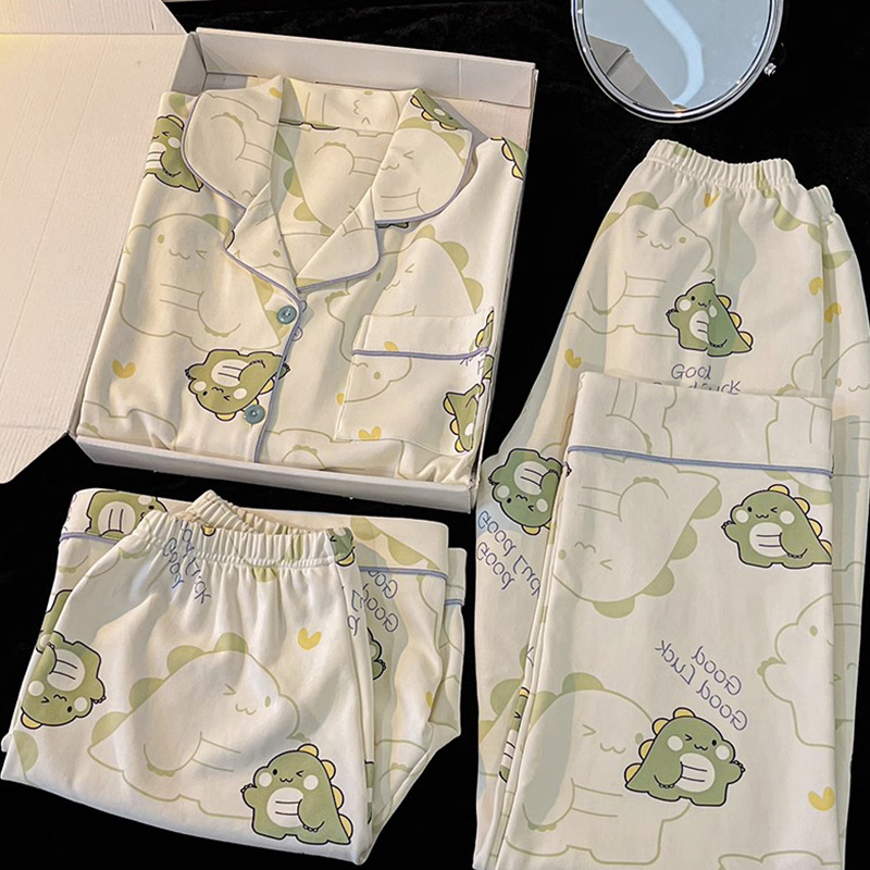 Simple and Super Cute Little Dinosaur Summer Cartoon Short-Sleeved Shorts and Trousers Three-Piece Suit Home Clothes Wholesale