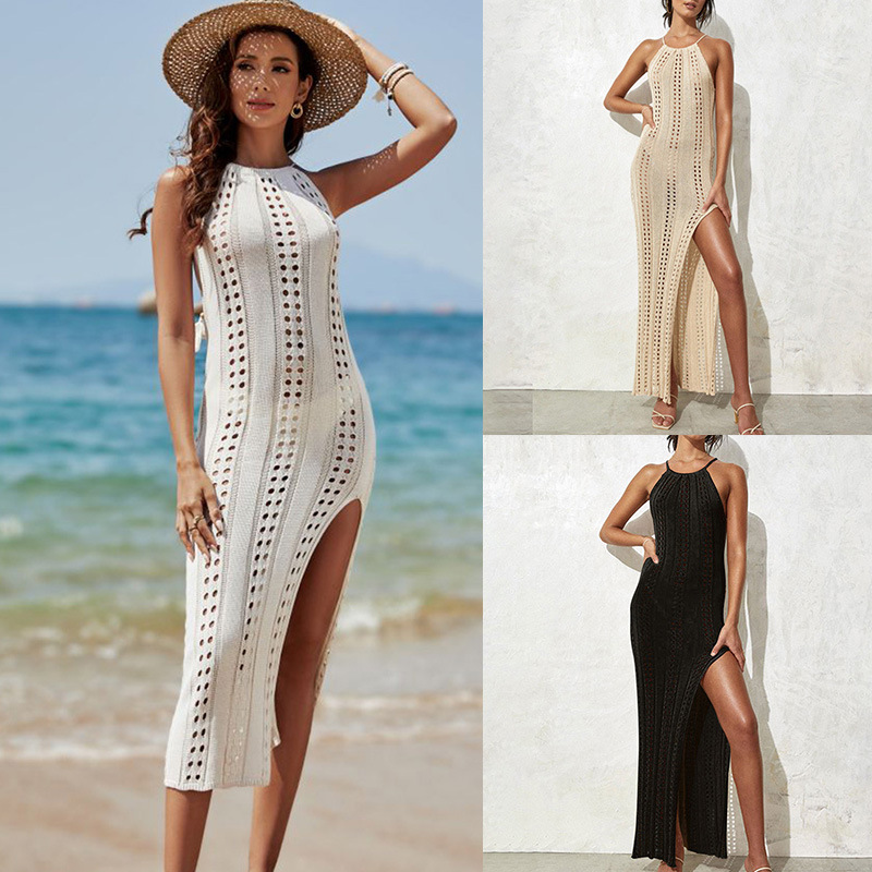 2023 New European and American Hollow Knitted Side Slit Strap Showback Dress Sexy Dress Holiday Bikini Blouse