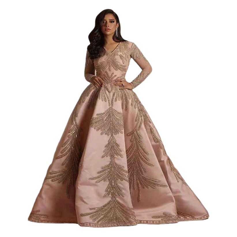 Picture of 2025 New European and American Export Women's Clothing Independent Station Hot Stamping Large Sleeve Long Skirt Banquet Sexy Evening Dress Pink