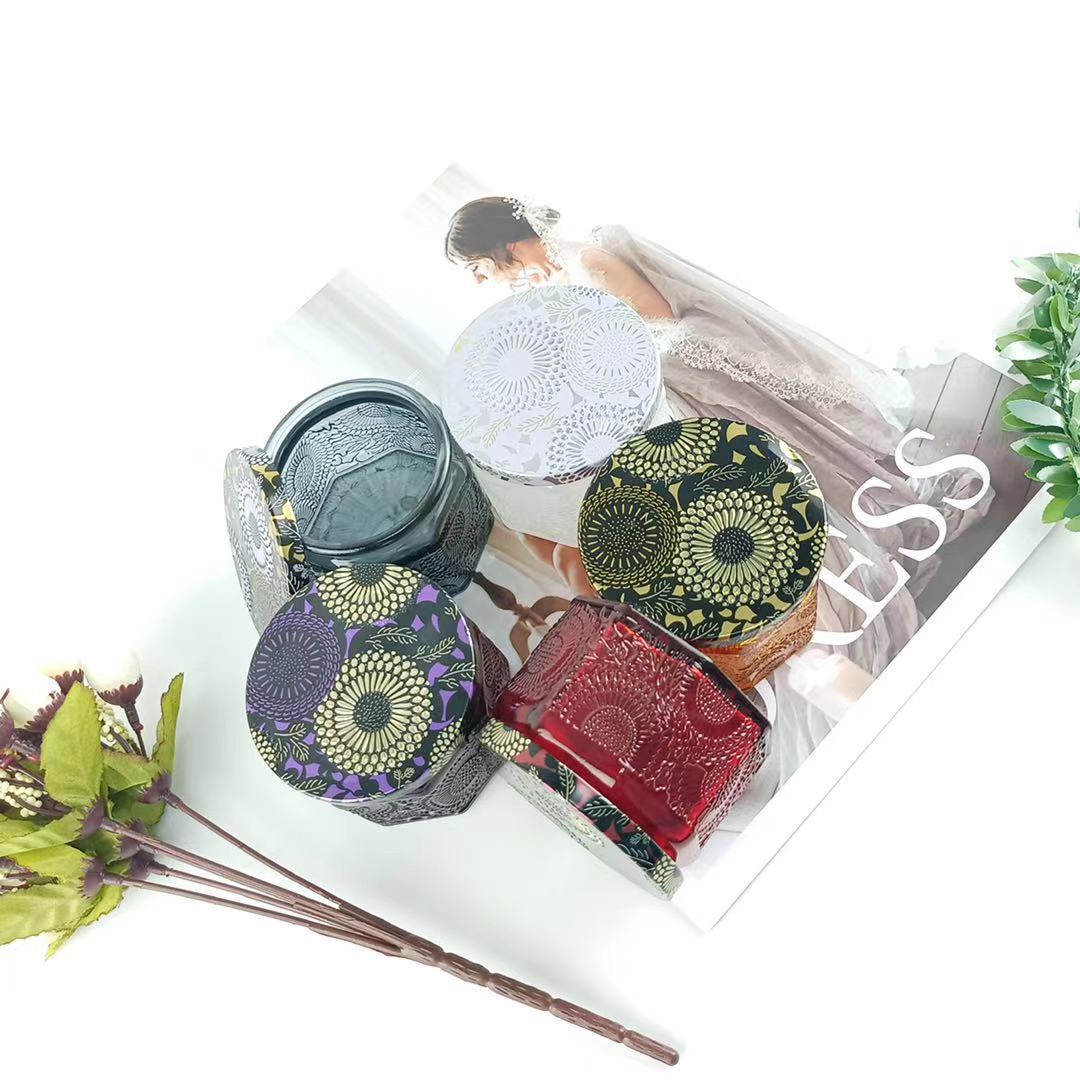 Picture of Hexagon Mini Embossed Pattern Candle Jar Colorful Aromatherapy Candlestick Bottle Amber Embossed Glass Candle Bottle