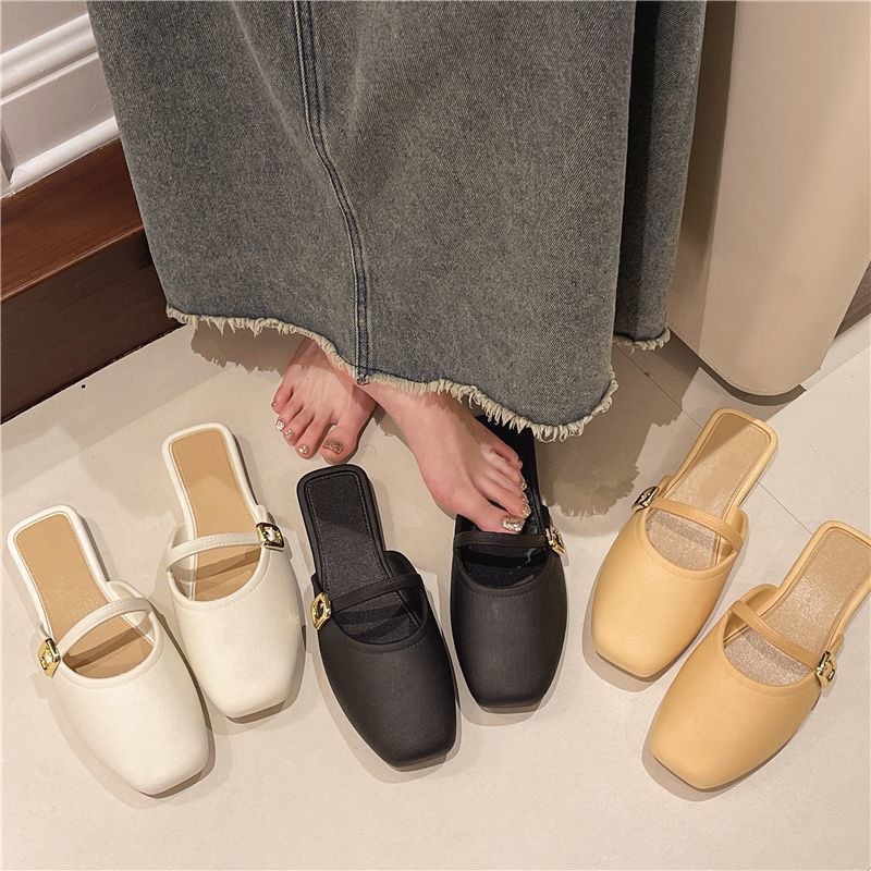 New Korean Style French Toe-Toe Slippers for Women's Summer Outer Wear Lazy Retro Muller Casual Flat Half Slippers