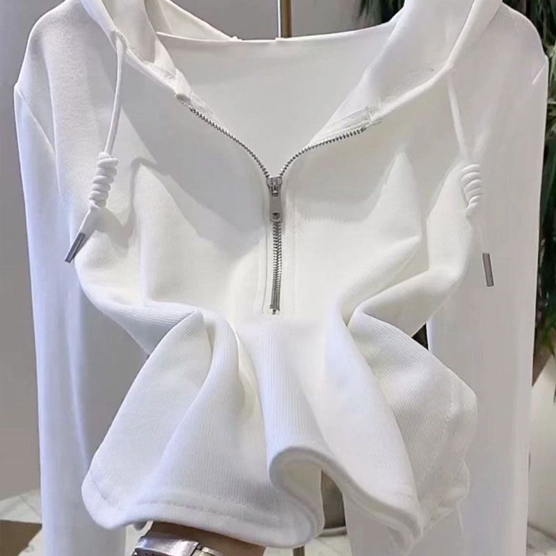 Picture of Hot Girl Short Hooded Top Women's 2025 Early Spring New European Autumn and Winter Irregular Long Sleeve T-shirt Base Shirt