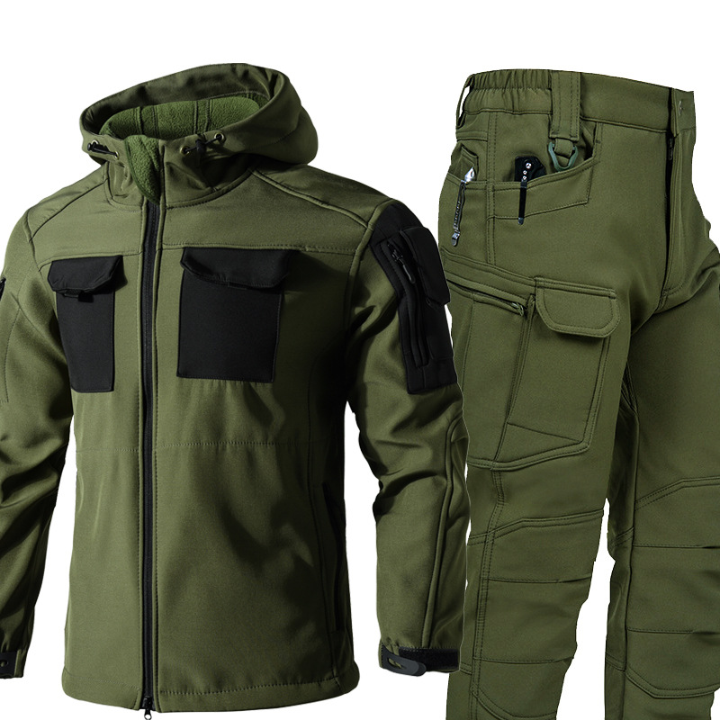Autumn and Winter Sharkskin Soft Shell Suit Outdoor Fleece-Lined Warm Jacket Multi-Flap Pocket Pants Workwear Camouflage Jacket Suit
