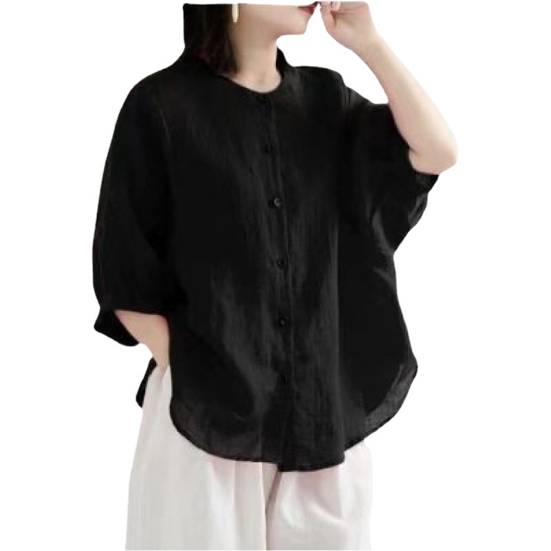 2021 new cotton and linen shirt Women's lantern sleeve retro artistic top plus size loose half sleeve shirt Women's