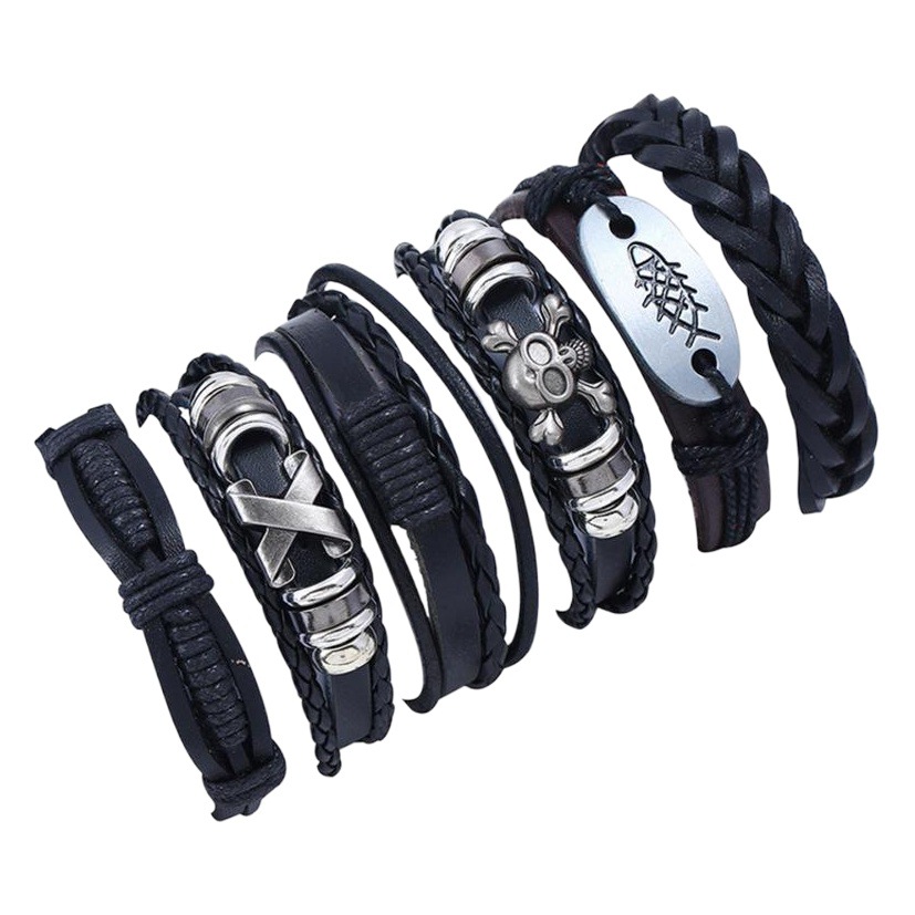 European and American Cross-border Retro Woven Cowhide suit Bracelet Distinctive DIY Leather Skull Men's Punk Hand Rope