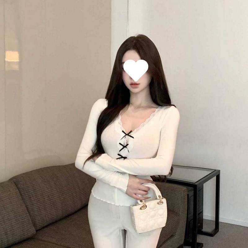 Picture of Pure Desire Grey Bow Lace Collar Long-sleeved T-shirt Women's Spring and Summer Design Sense Slim-fit Sweet and Spicy Base Top
