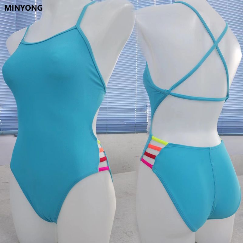 European and American Solid Color Color Strip Backless Professional Swimsuit Women's Conjoined Swimsuit Racing Double-Layer Middle Fork with Chest Pad