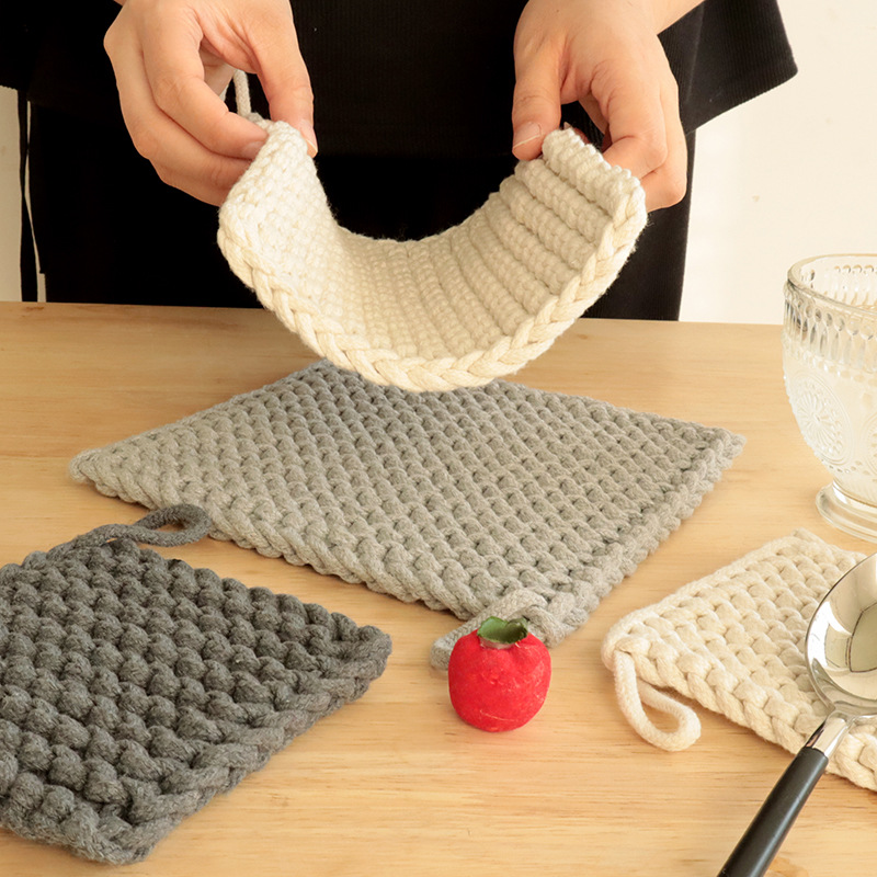 Picture of Handmade Cotton Coaster Scandinavian Style Plain Woven Insulation Pad Square Coaster Household Plate Mat Bowl Mat Square Mat
