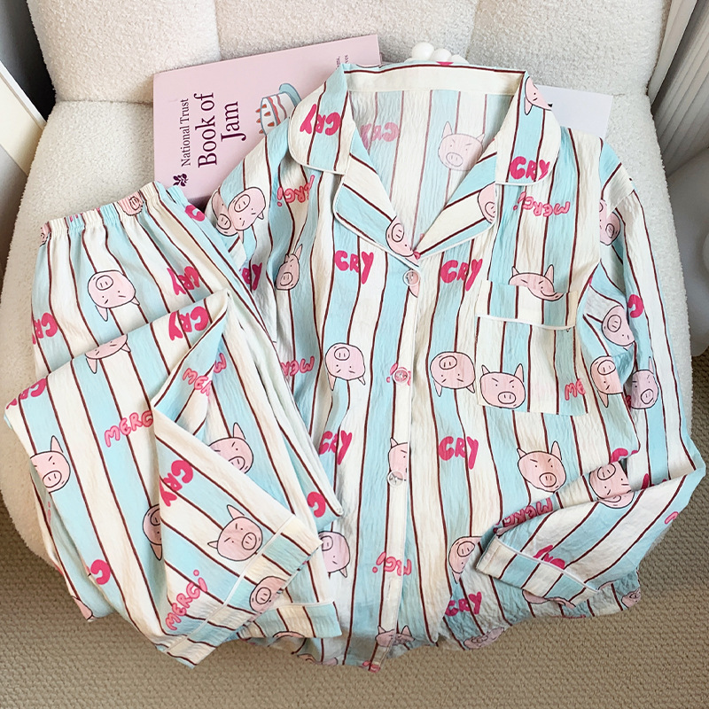 Autumn new cute wind long sleeve trousers cloud cotton piglet printed pajamas women's suit home clothes real shot wholesale