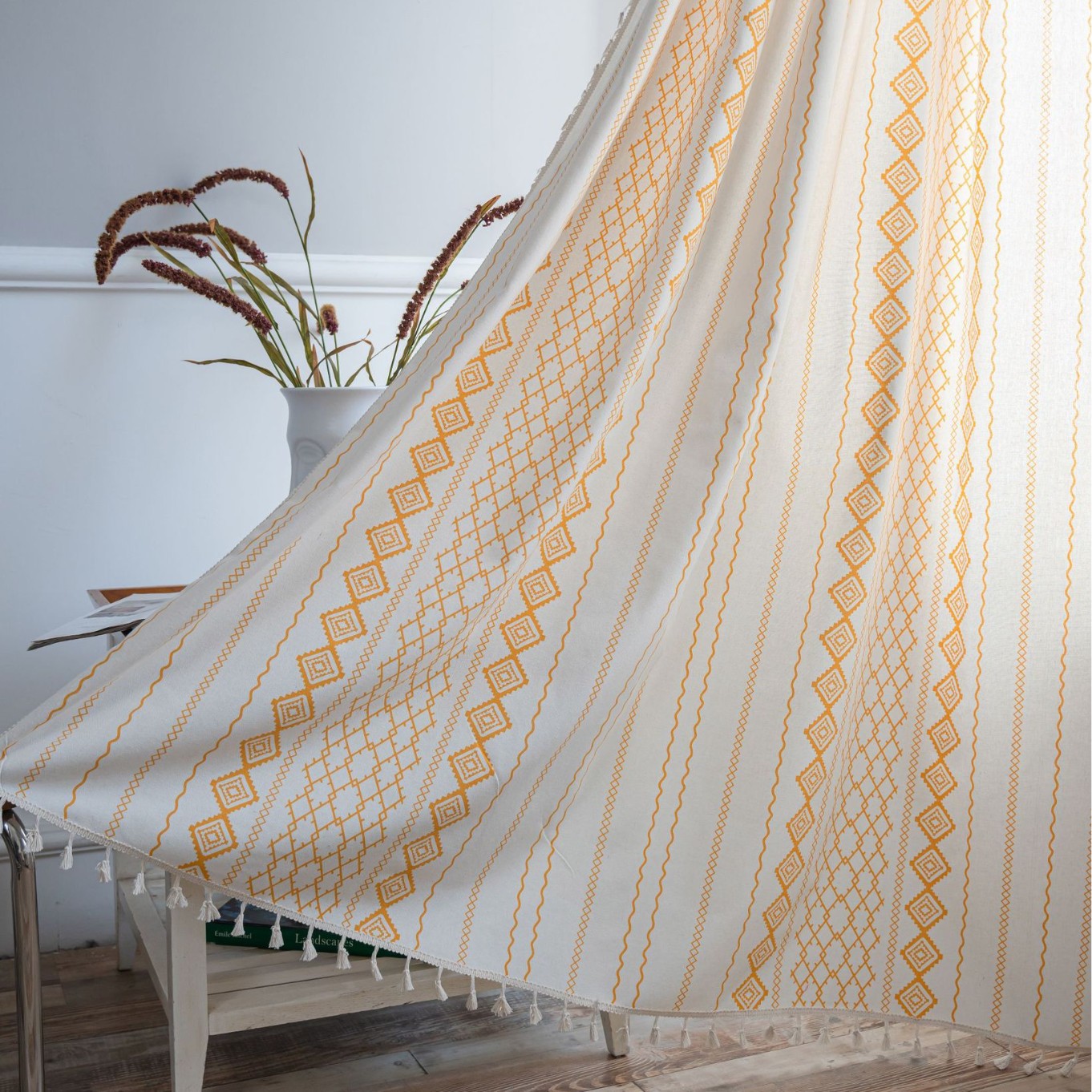 Picture of Yiman Qiyun Curtain Finished Cotton and Linen Kitchen Curtain Bohemian Style Black and White Printed Bay Window Curtain