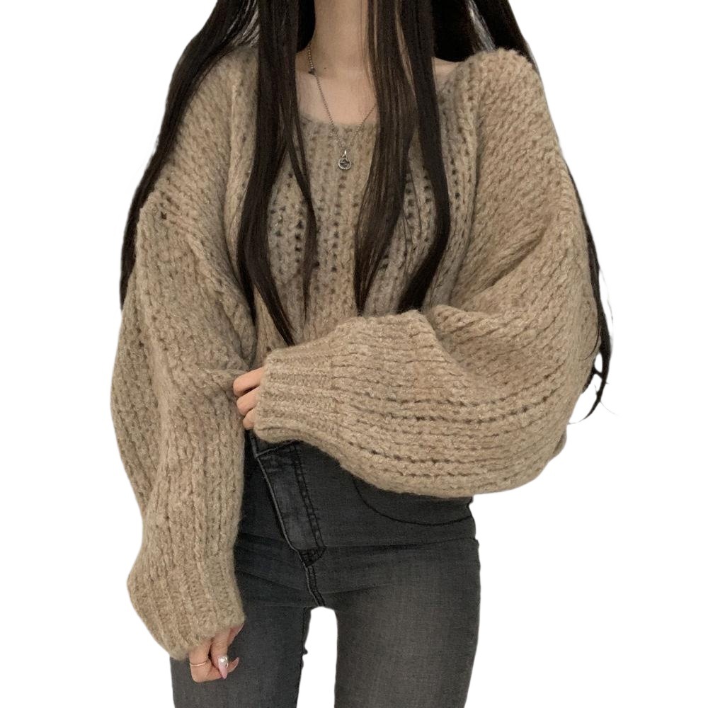 Picture of South Korea Chic Autumn All-match Candy Color Skin-looking Pullover Loose Thick Line Lantern Sleeve Knitted Sweater for Women