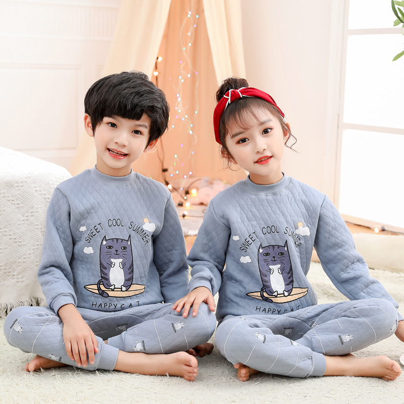 Picture of Winter new children's underwear quilted three-layer warm thickened suit half collar children's hollow cotton autumn clothes long pants