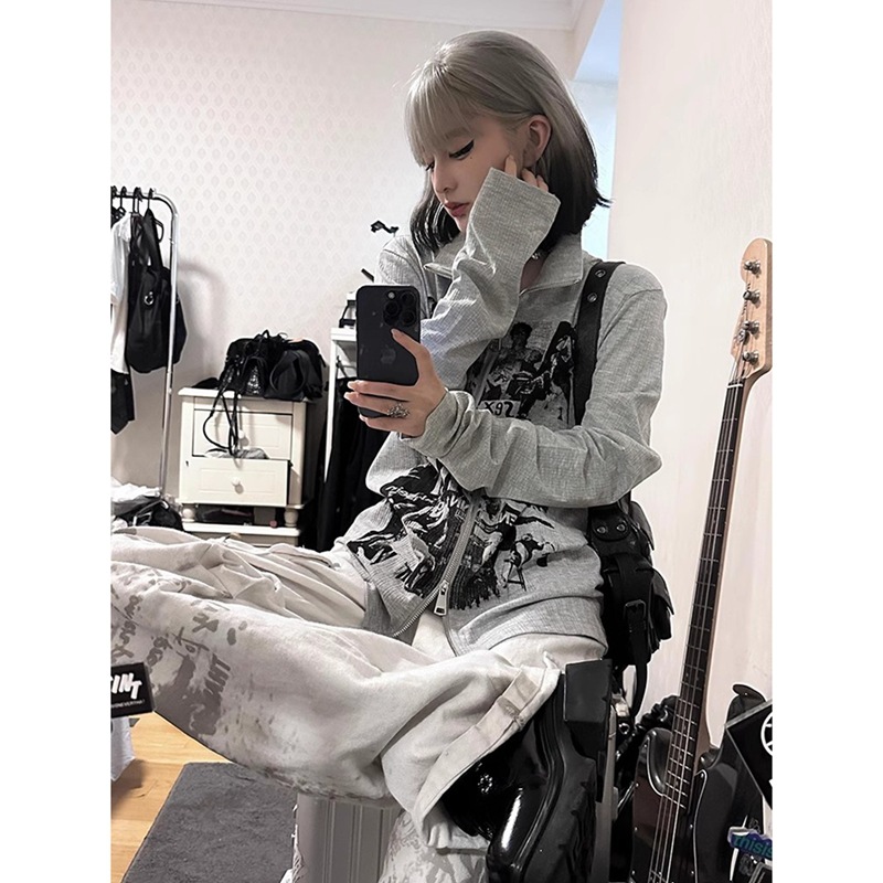 American Retro Gray Polo Collar Cardigan Long-Sleeved T-Shirt for Women 2024 Autum Rock Style Slim Zipper Jacket