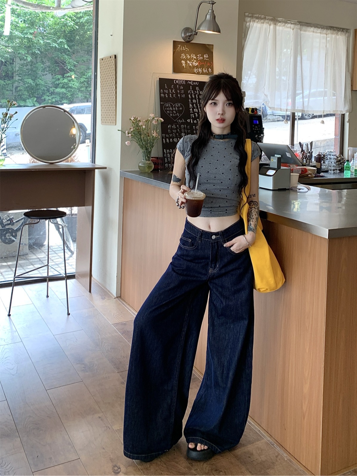 American Retro Dark Blue Jeans for Women 2025 Spring and Autum New Hong Kong Style Loose Wide Leg Pants Casual Pants
