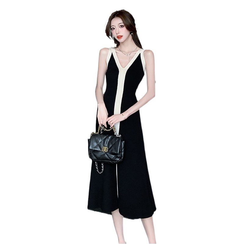 Hong Kong Style Light Mature Double V-neck Sleeveless Slim-fit Simple Knitted Dress Cross-border Women's Summer New Color-block Split Dress
