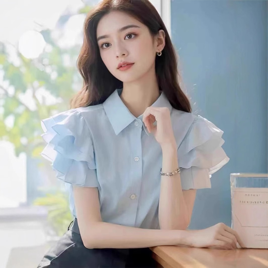 light blue French Ruffled Short Sleeve Shirt Women's 2025 New Summer POLO Collar Casual High Elegant Top