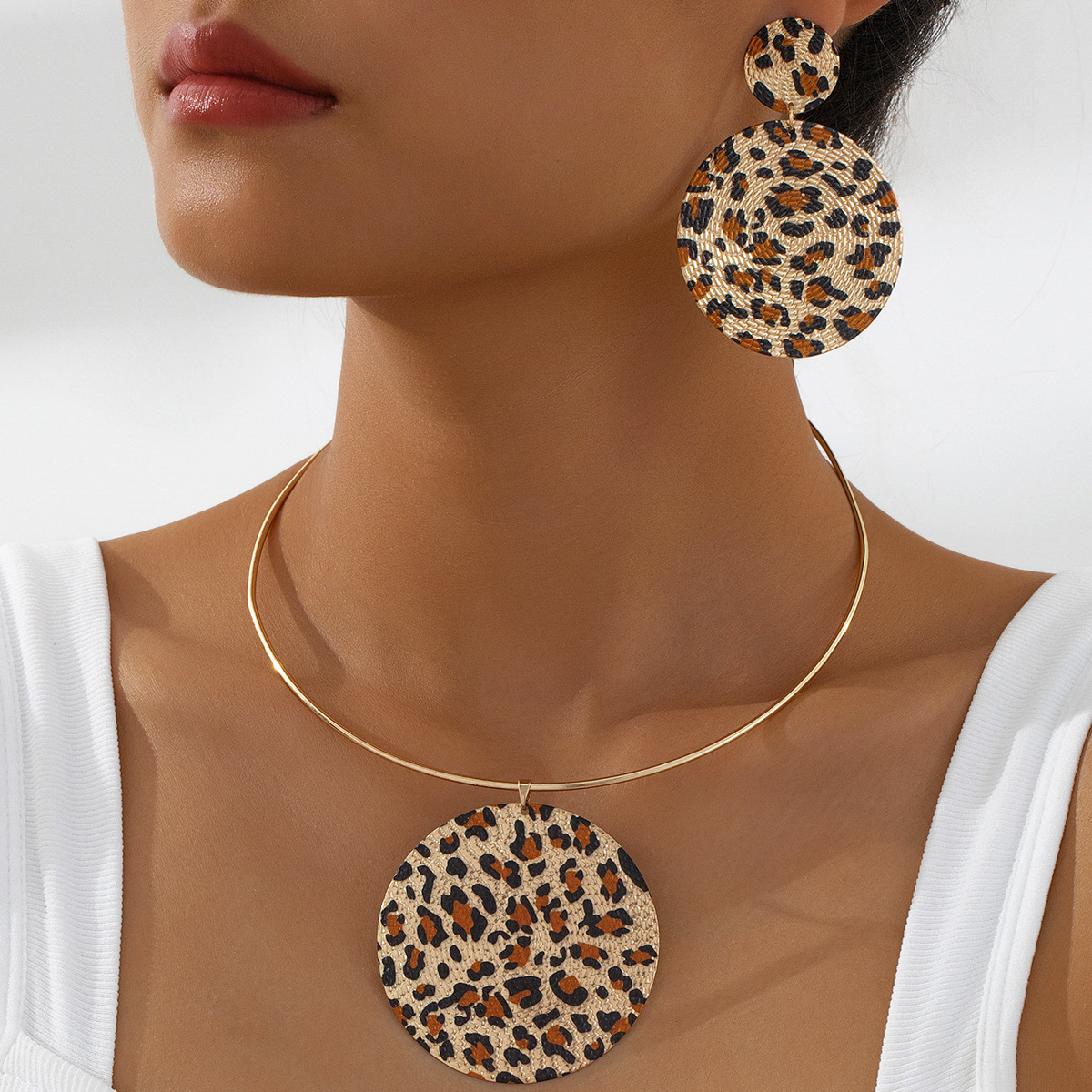 European and American Cross-border New Round Leopard Necklace Round Leopard Earrings Fashion Vintage Jewelry suit Elegant All-match