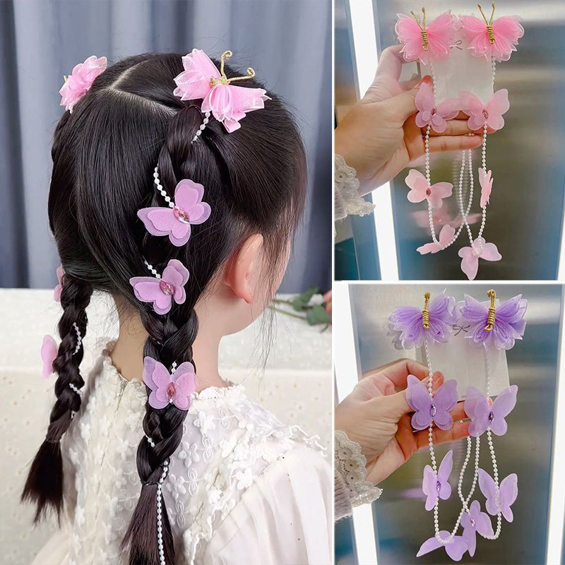 Picture of Little girl's new ancient style handmade butterfly pearl chain braided hairpin princess fairy head flower bead hair band headdress